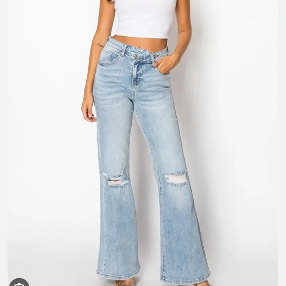 Light Wash High-Rise Distressed Flare Jeans - Women - Picture 1 of 11